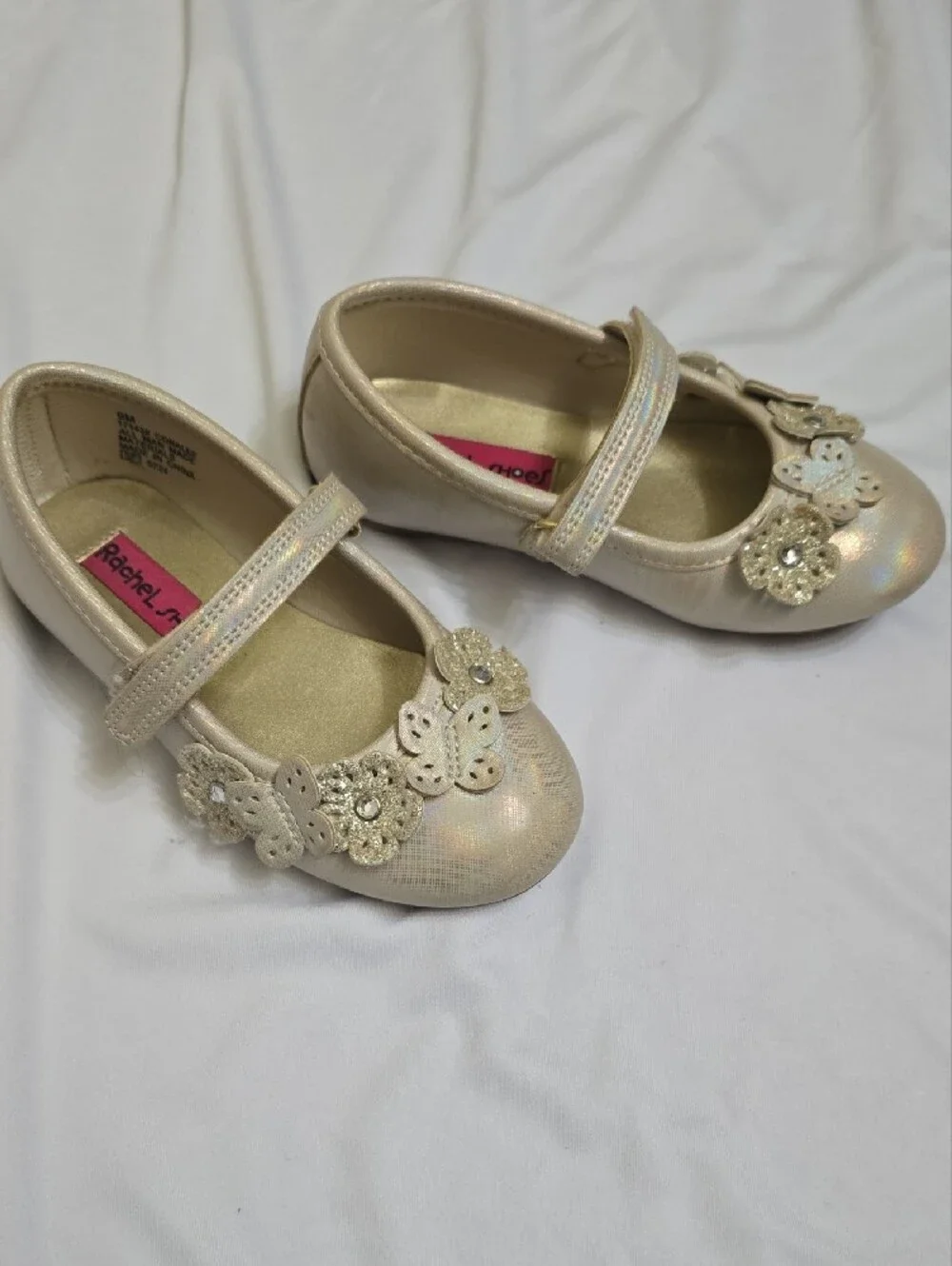 Rachel Shoes Iridescent Cream Mary Janes with Floral Appliqués